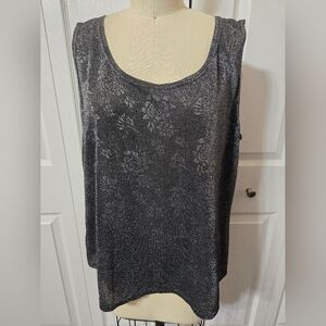 Black & Silver Floral Sleeveless Top, Size 2X, Beautiful Metallic Rose